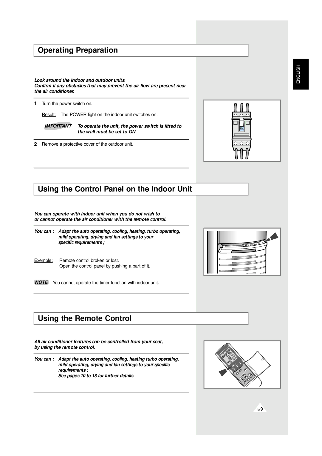 Samsung XAPH2807ER-XEP manual Operating Preparation, Using the Control Panel on the Indoor Unit, Using the Remote Control 