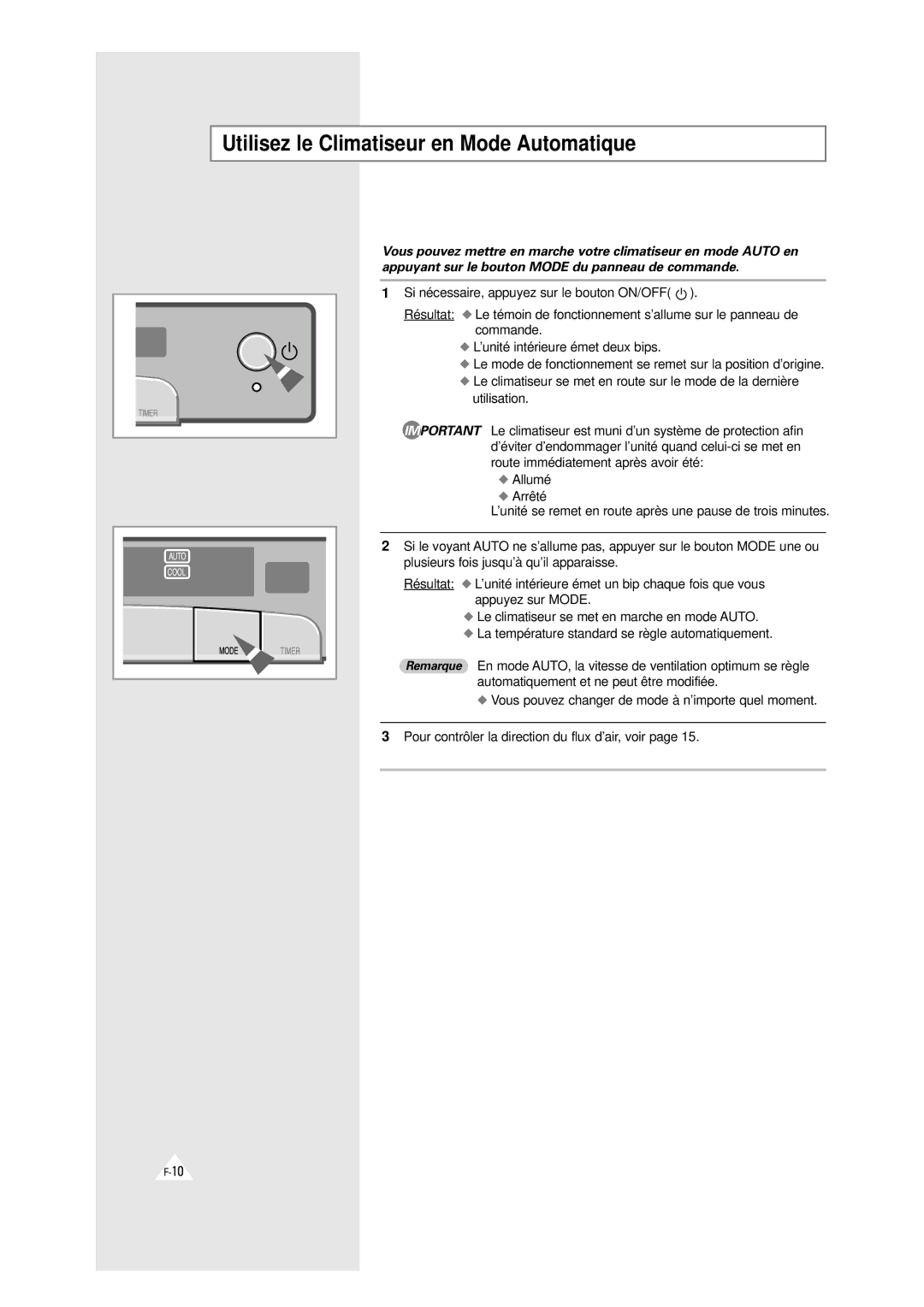 Samsung XAXH450PG0KXEF Utilisez le Climatiseur en Mode Automatique, Si nécessaire, appuyez sur le bouton ON/OFF Résultat 