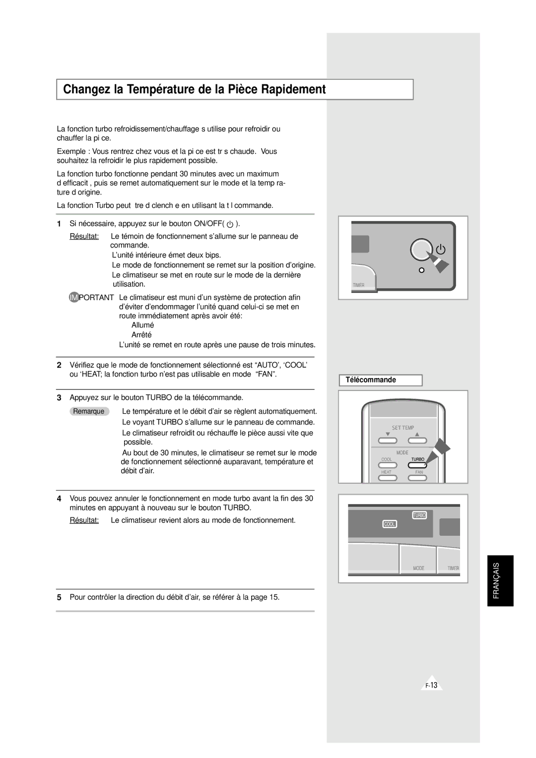 Samsung XAXH450PG0KXEP, XAXH450PG0KXEF manual Changez la Température de la Pièce Rapidement 