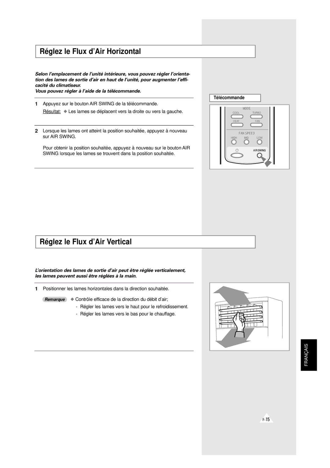 Samsung XAXH450PG0KXEP, XAXH450PG0KXEF manual Réglez le Flux d’Air Horizontal, Réglez le Flux d’Air Vertical 