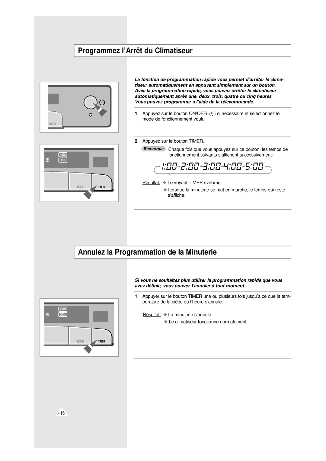 Samsung XAXH450PG0KXEF, XAXH450PG0KXEP manual Programmez l’Arrêt du Climatiseur, Annulez la Programmation de la Minuterie 