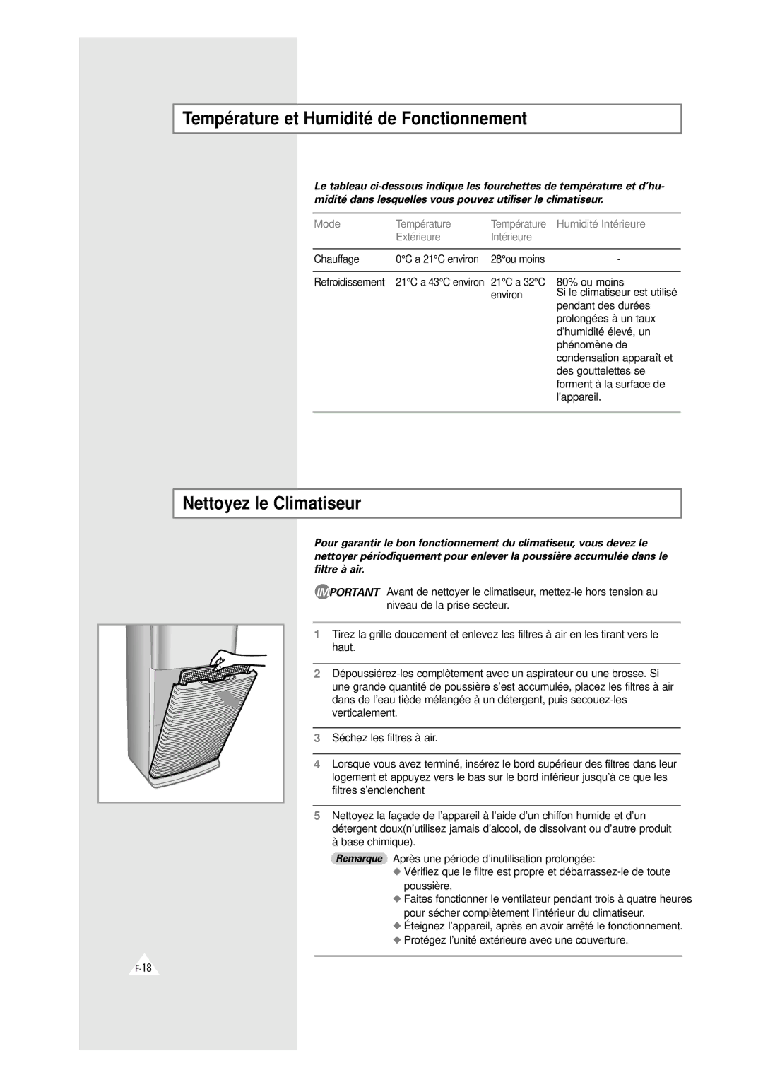 Samsung XAXH450PG0KXEF manual Température et Humidité de Fonctionnement, Nettoyez le Climatiseur, Séchez les filtres à air 