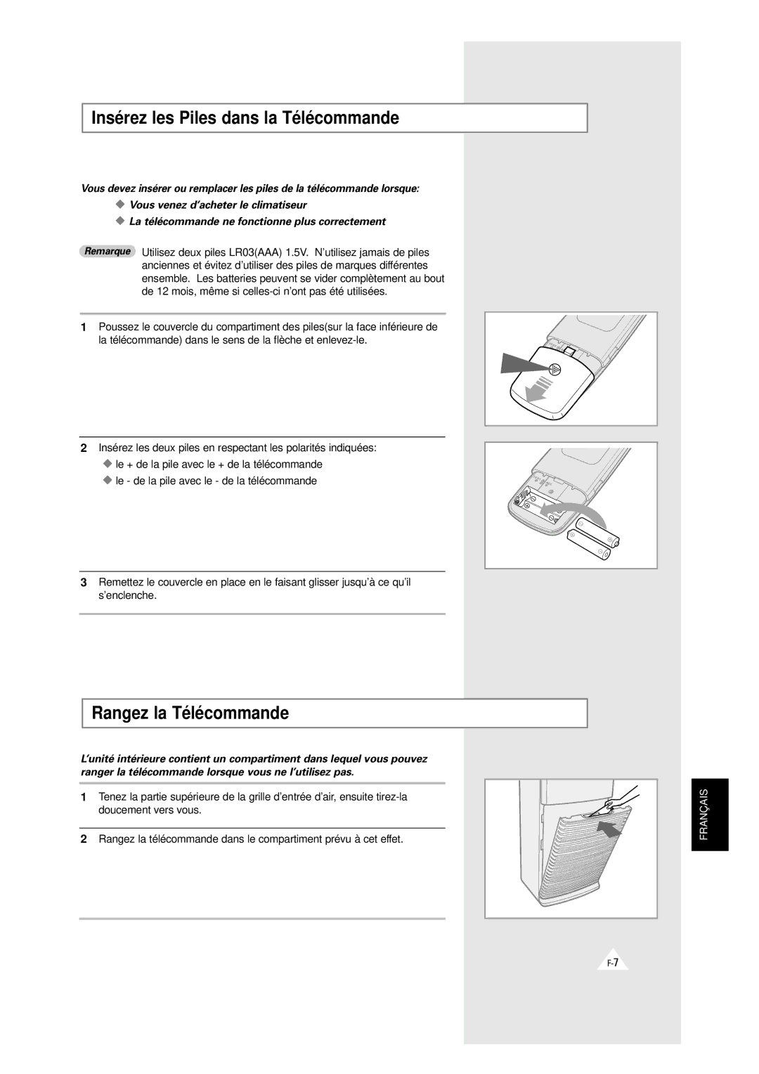 Samsung XAXH450PG0KXEP, XAXH450PG0KXEF manual Insérez les Piles dans la Télécommande, Rangez la Télécommande 