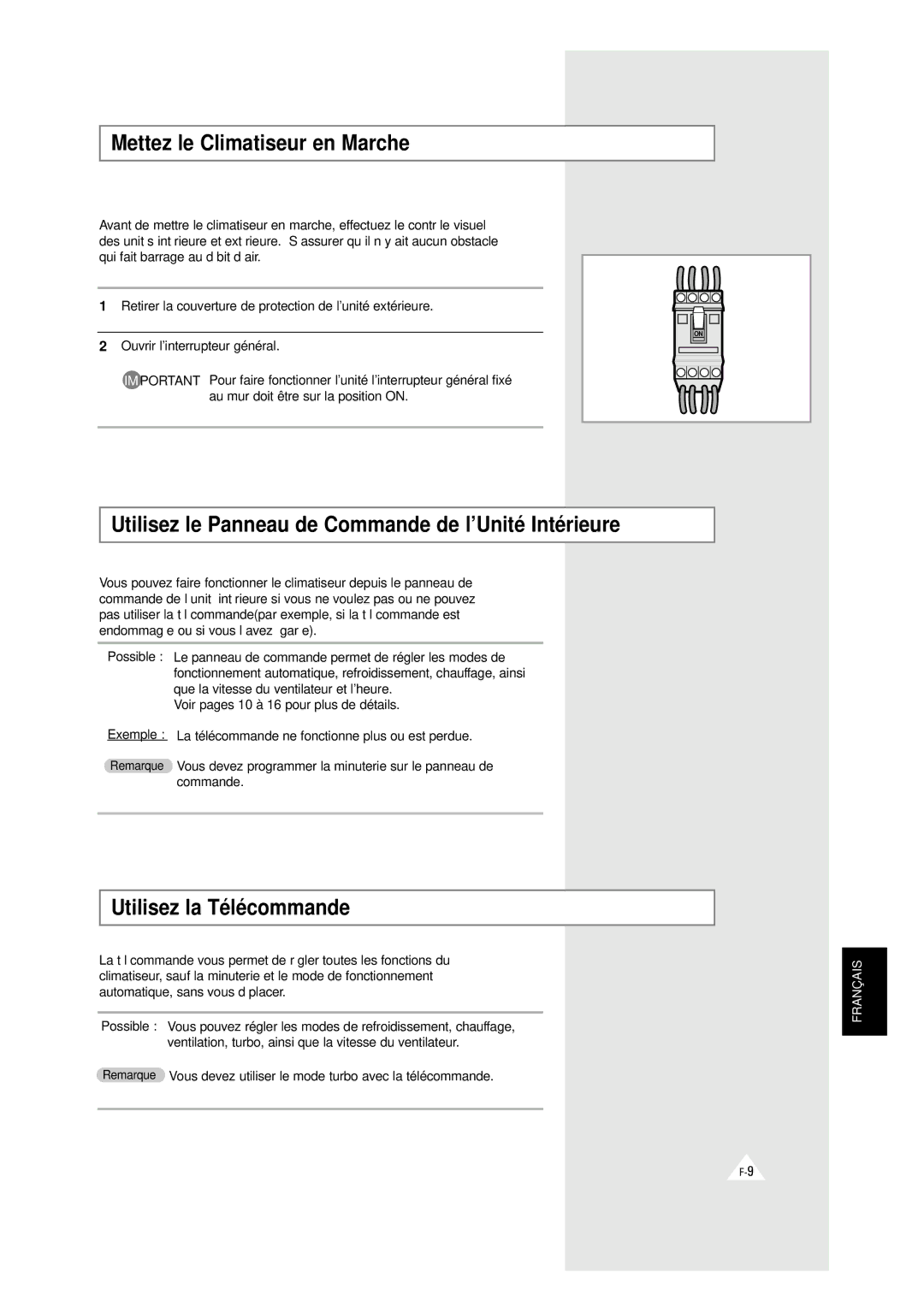 Samsung XAXH450PG0KXEP manual Mettez le Climatiseur en Marche, Utilisez le Panneau de Commande de l’Unité Intérieure 