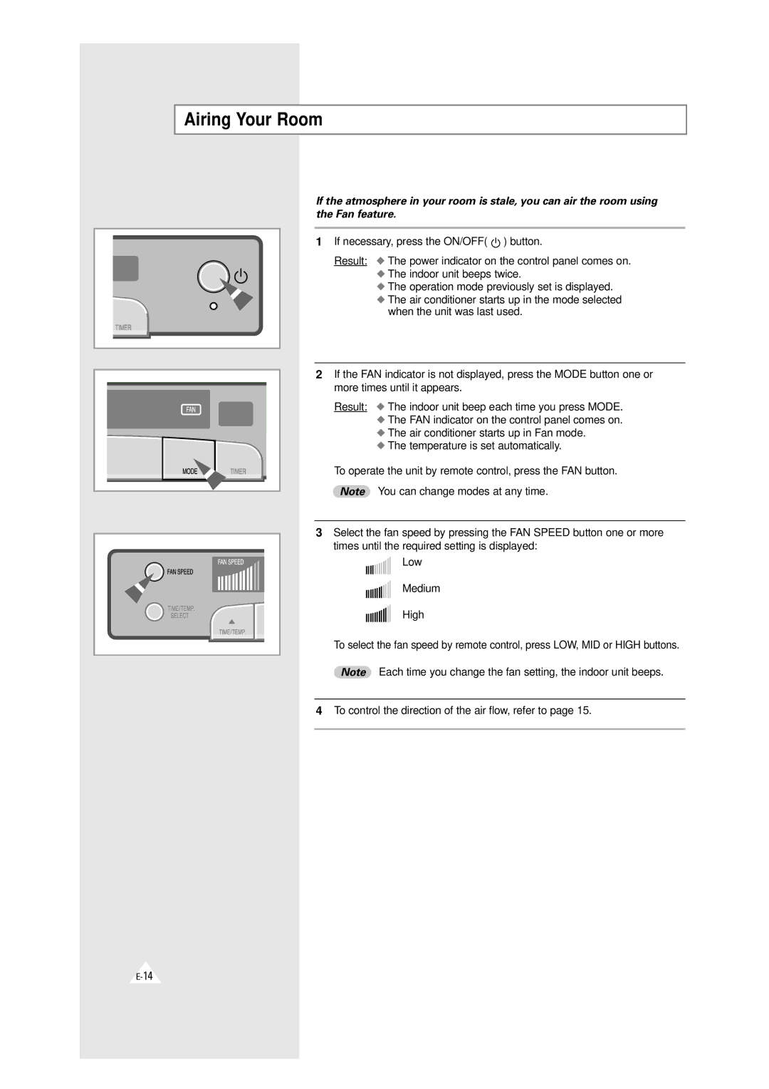 Samsung XAXH450PG0KXEF, XAXH450PG0KXEP manual Airing Your Room, To operate the unit by remote control, press the FAN button 