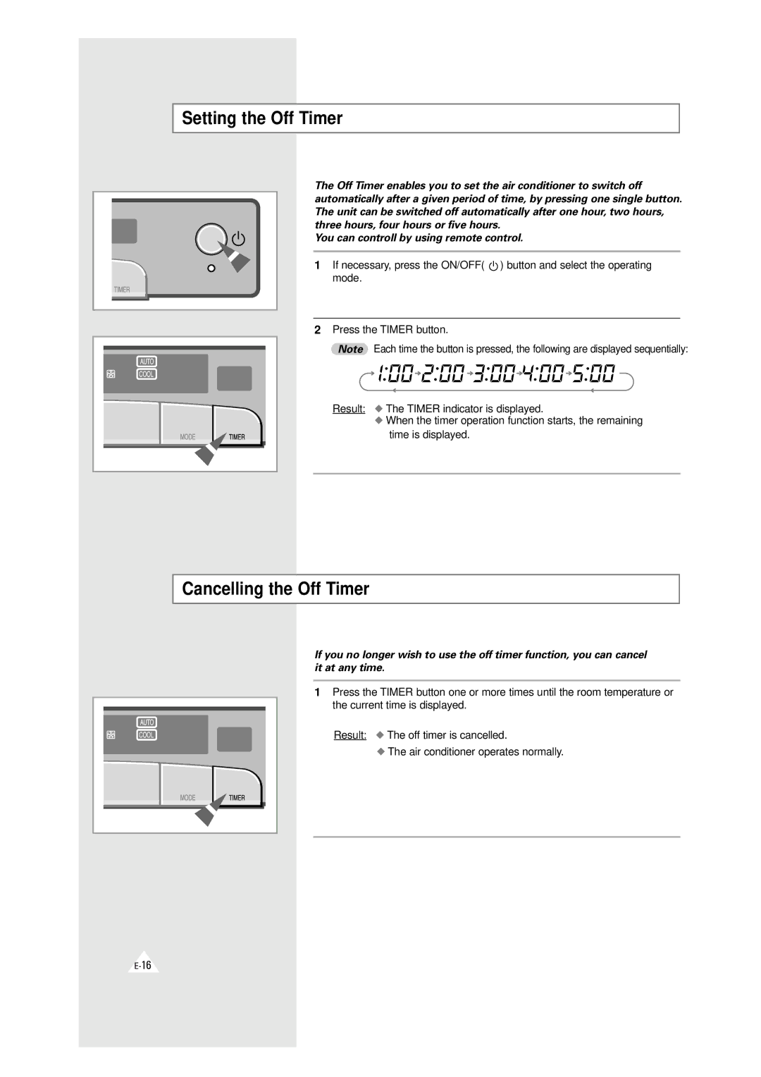 Samsung XAXH450PG0KXEF, XAXH450PG0KXEP manual Setting the Off Timer, Cancelling the Off Timer 