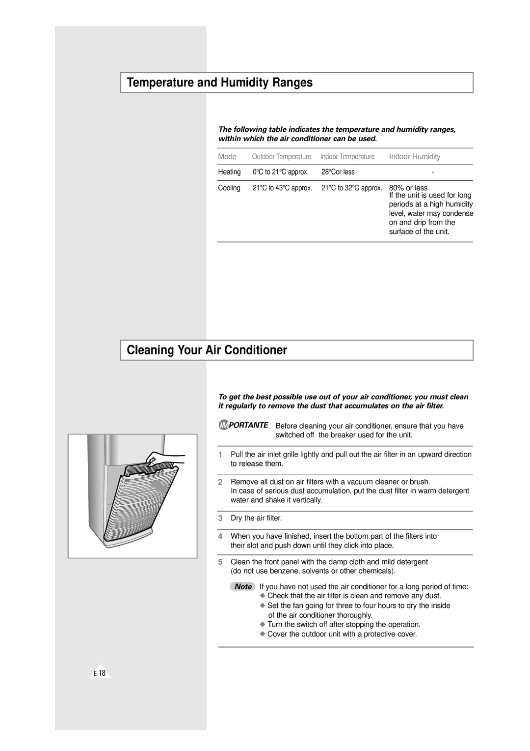 Samsung XAXH450PG0KXEF, XAXH450PG0KXEP manual Temperature and Humidity Ranges, Cleaning Your Air Conditioner 