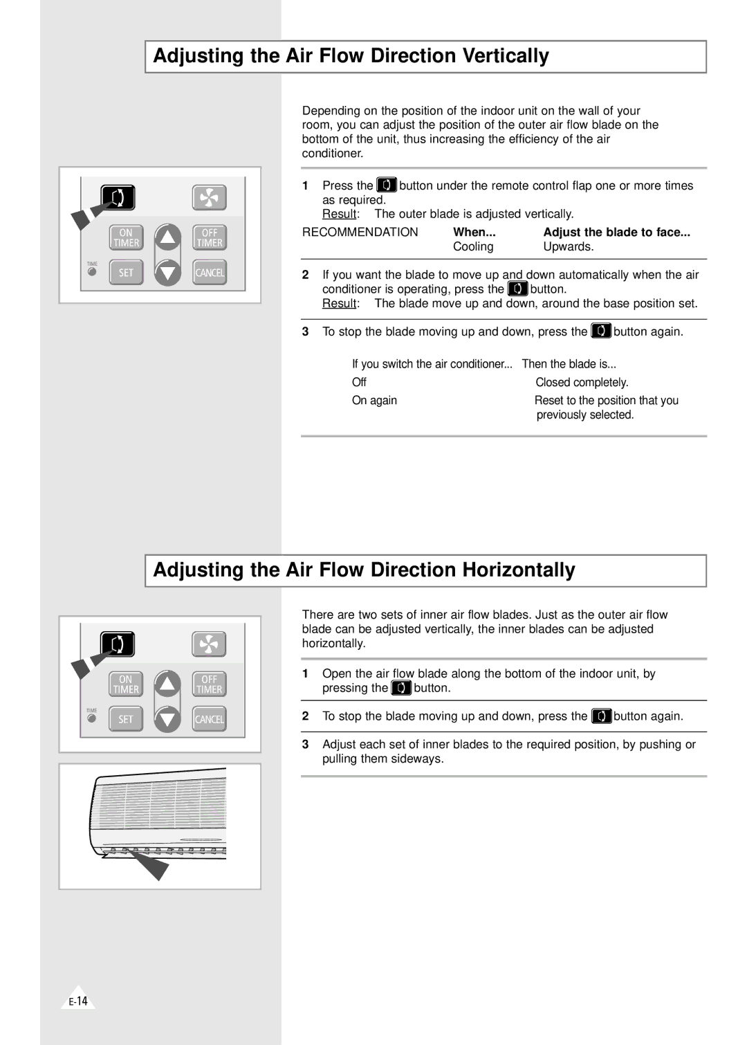 Samsung XAXM260VE0KXEC manual Adjusting the Air Flow Direction Vertically, Adjusting the Air Flow Direction Horizontally 