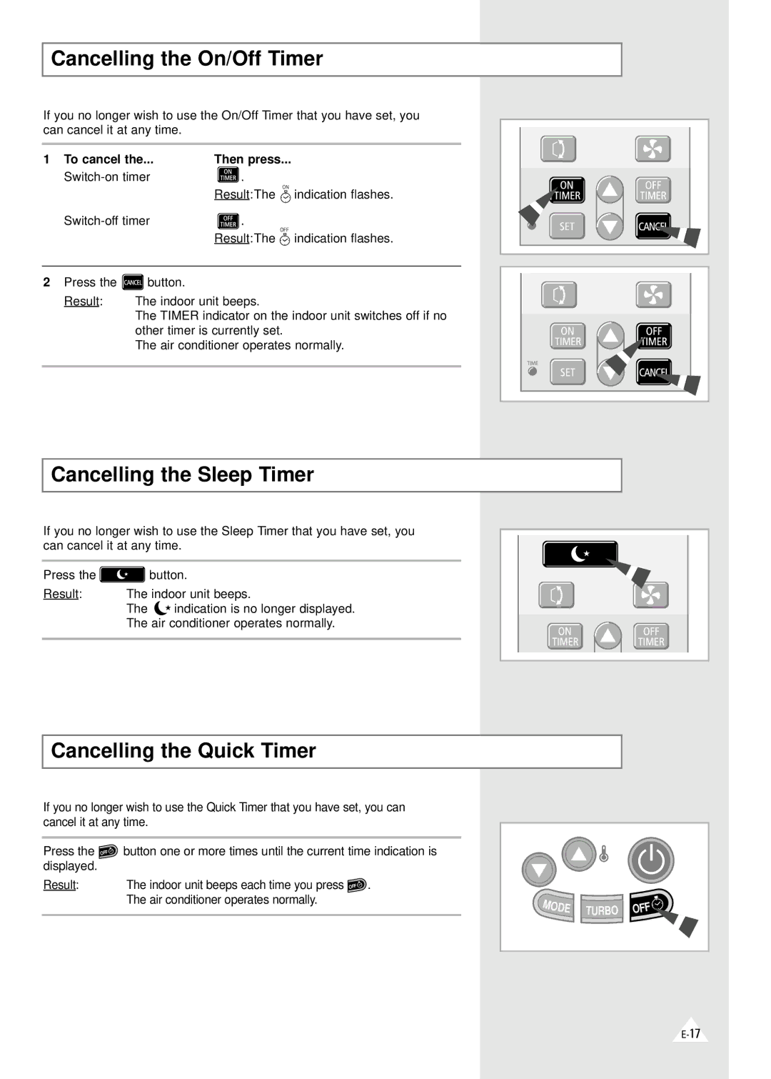 Samsung XAXM260VE0KXEC manual Cancelling the On/Off Timer, Cancelling the Sleep Timer, Cancelling the Quick Timer 