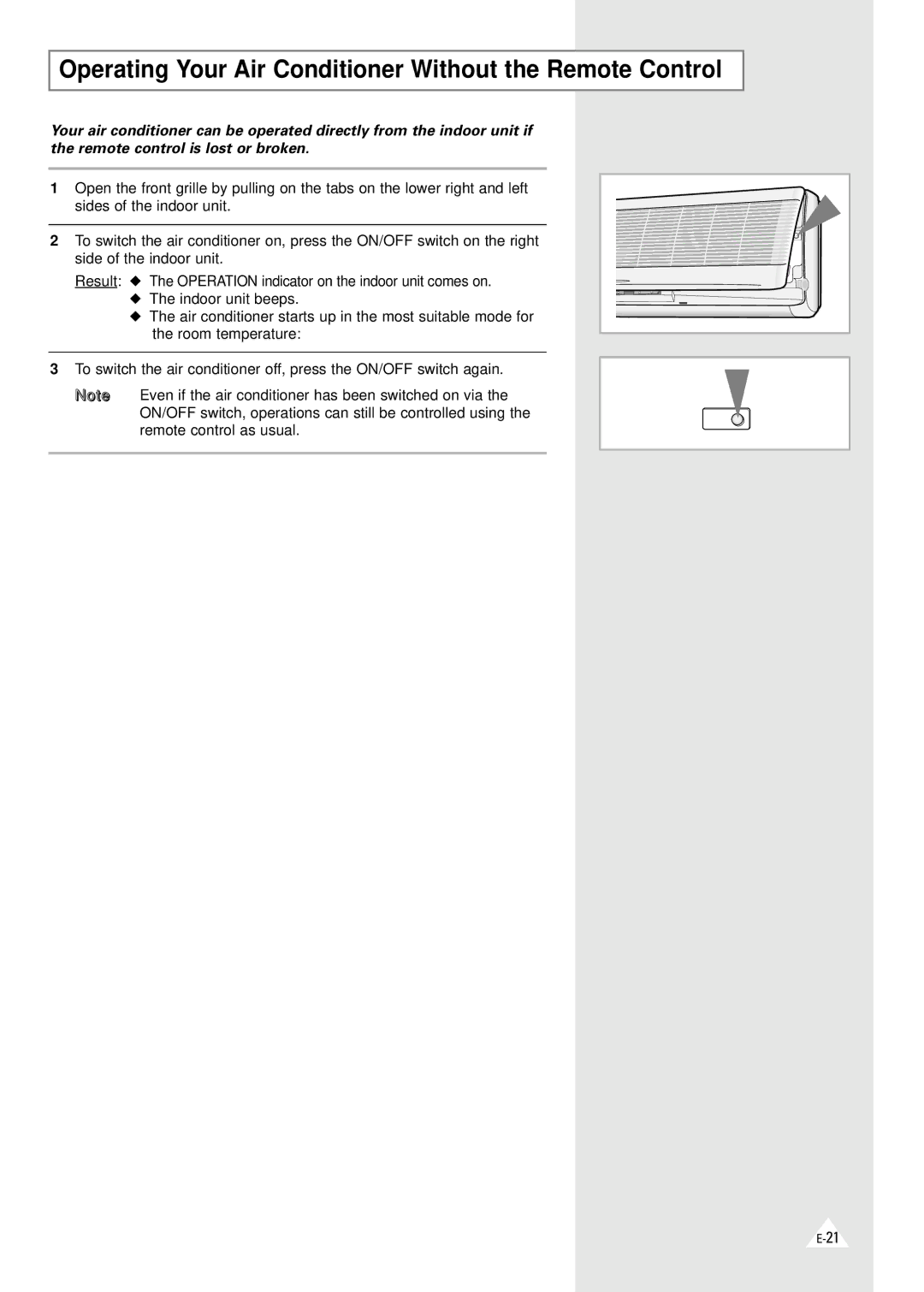 Samsung XAXM260VE0KXEC manual Operating Your Air Conditioner Without the Remote Control 