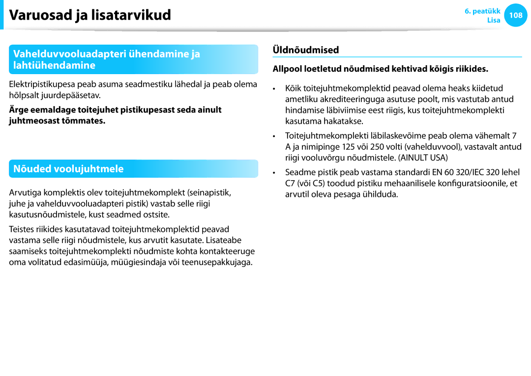 Samsung NP670Z5E-X01EE manual Vahelduvvooluadapteri ühendamine ja lahtiühendamine, Nõuded voolujuhtmele, Üldnõudmised 