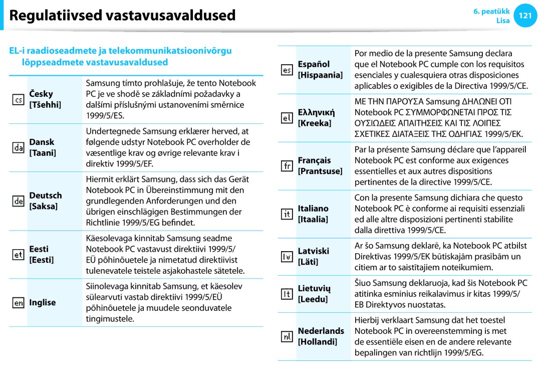 Samsung NP900X3E-A01EE Česky, Tšehhi, Dansk, Taani, Deutsch, Saksa, Eesti, Inglise, Español, Hispaania, Ελληνική, Kreeka 