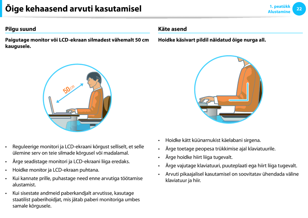 Samsung NP880Z5E-X01EE, XE300TZC-K01EE manual Pilgu suund, Käte asend, Hoidke käsivart pildil näidatud õige nurga all 