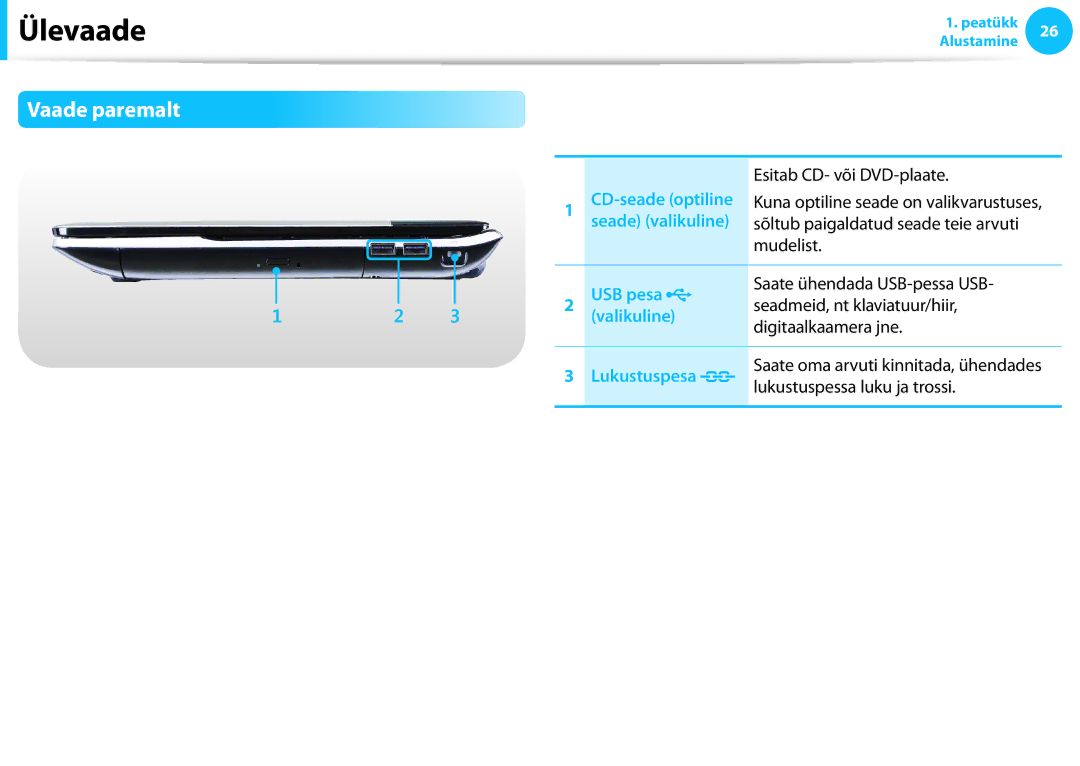 Samsung NP870Z5E-X02EE, XE300TZC-K01EE, NP900X3E-K01EE, NP900X3C-A02EE, NP550P7C-S01EE Vaade paremalt, USB pesa, Lukustuspesa 