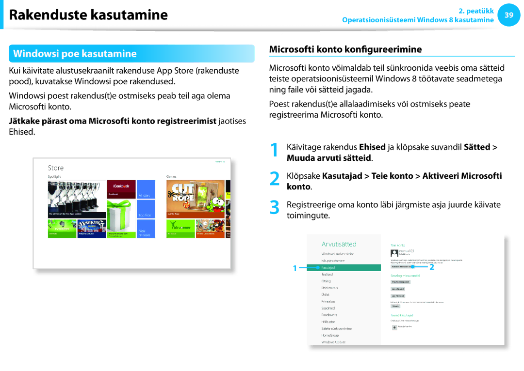 Samsung NP900X3C-A03EE Windowsi poe kasutamine, Microsofti konto konfigureerimine, Ehised, Muuda arvuti sätteid, Konto 