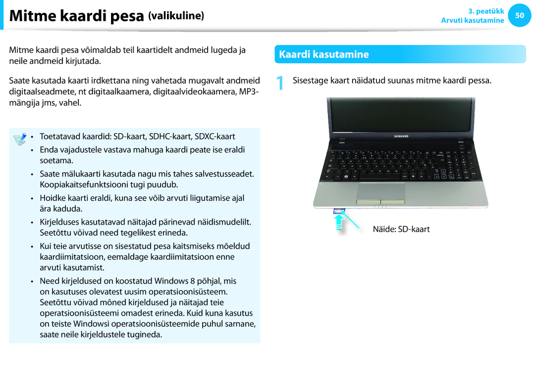 Samsung NP900X3F-K01EE, XE300TZC-K01EE, NP870Z5E-X02EE, NP900X3E-K01EE manual Mitme kaardi pesa valikuline, Kaardi kasutamine 