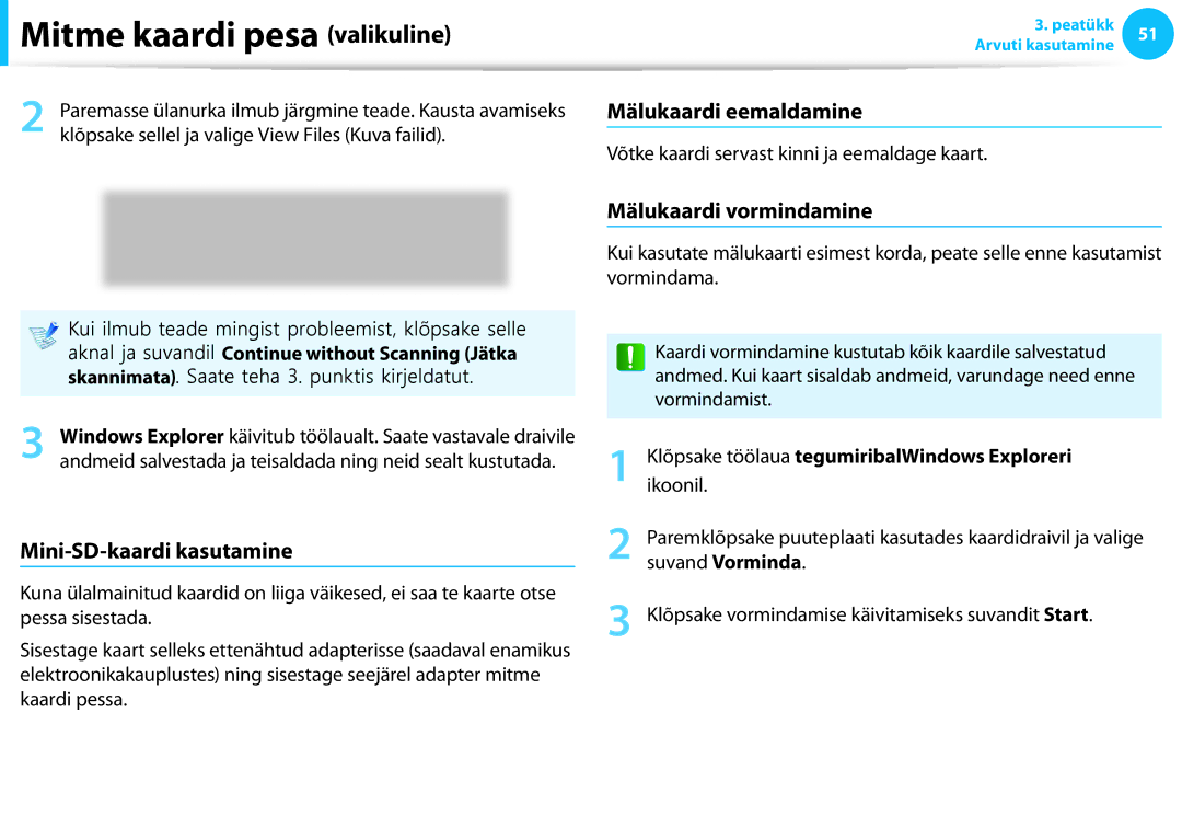 Samsung XE300TZC-K01EE, NP870Z5E-X02EE manual Mini-SD-kaardi kasutamine, Mälukaardi eemaldamine, Mälukaardi vormindamine 