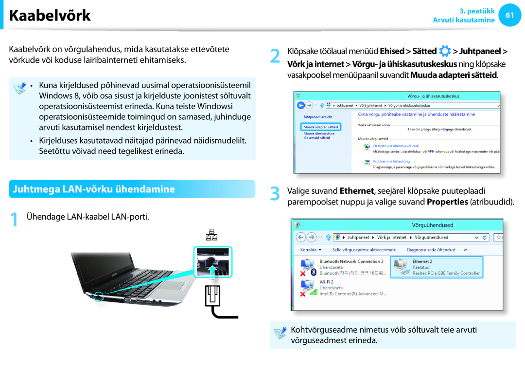 Samsung NP550P5C-T02EE, XE300TZC-K01EE manual Kaabelvõrk, Juhtmega LAN-võrku ühendamine, Ühendage LAN-kaabel LAN-porti 