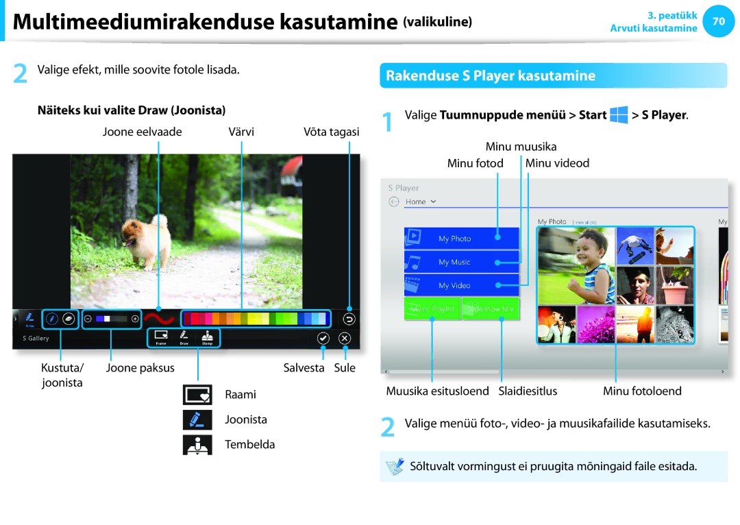 Samsung NP900X3C-A01EE manual Rakenduse S Player kasutamine, Valige efekt, mille soovite fotole lisada, Joonista, Tembelda 