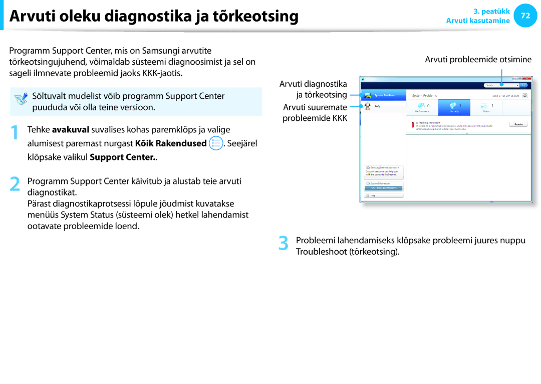 Samsung NP740U3E-X01EE, XE300TZC-K01EE, NP870Z5E-X02EE Arvuti oleku diagnostika ja tõrkeotsing, Troubleshoot tõrkeotsing 