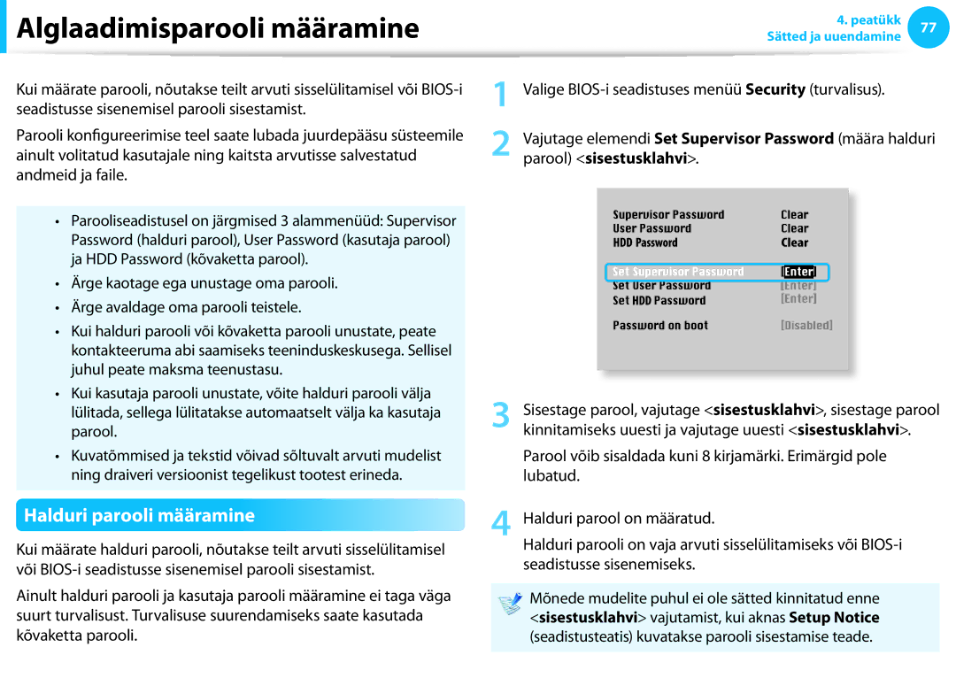 Samsung XE300TZC-K01EE, NP870Z5E-X02EE, NP900X3E-K01EE manual Alglaadimisparooli määramine, Halduri parooli määramine 