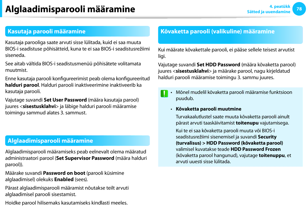 Samsung NP870Z5E-X02EE manual Kasutaja parooli määramine, Alglaadimisparooli määramine, Kõvaketta parooli muutmine 