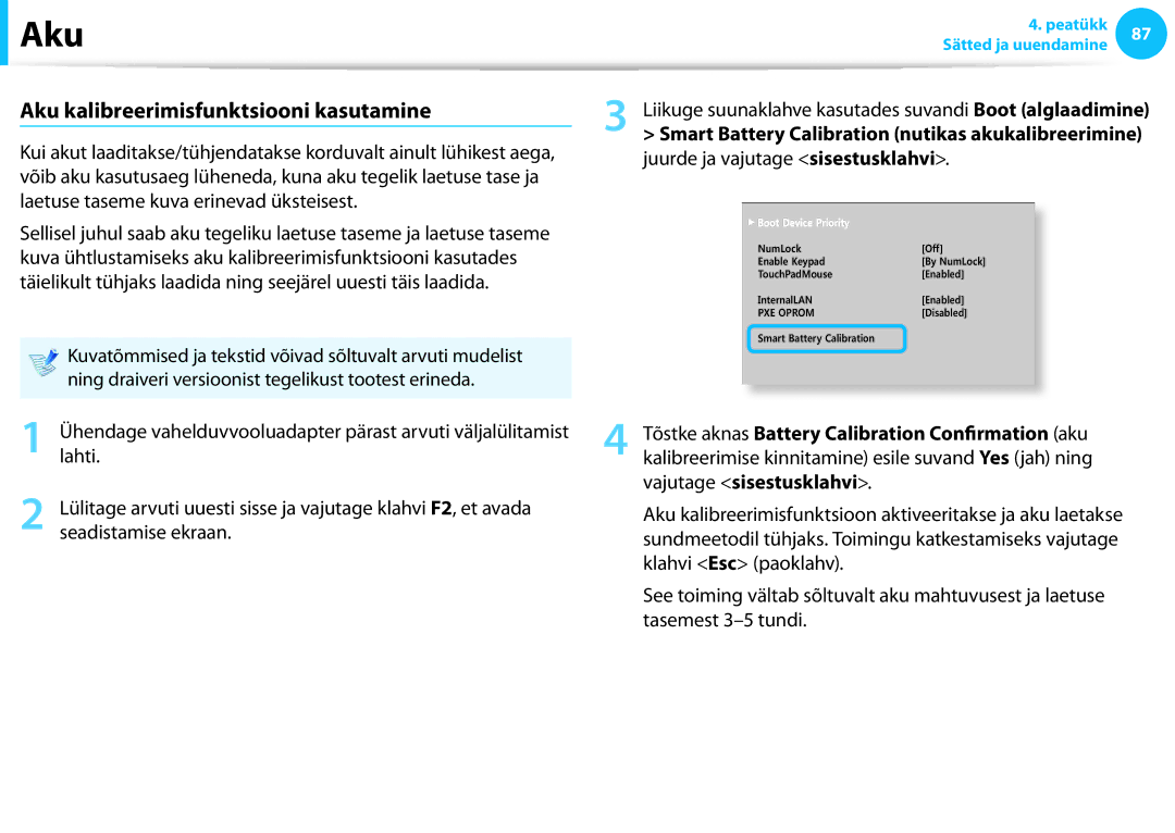 Samsung NP550P5C-T02EE, XE300TZC-K01EE, NP870Z5E-X02EE, NP900X3E-K01EE manual Aku kalibreerimisfunktsiooni kasutamine 
