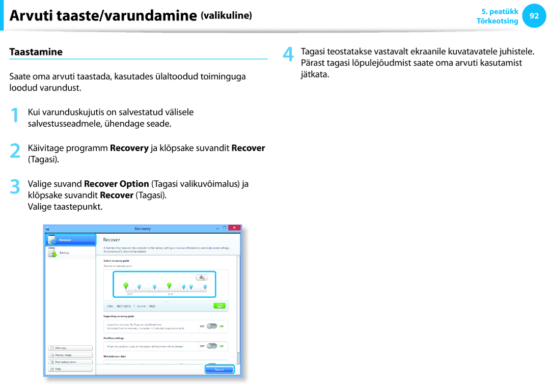 Samsung NP730U3E-X01EE, XE300TZC-K01EE, NP870Z5E-X02EE, NP900X3E-K01EE manual Taastamine, Tagasi, Valige taastepunkt, Jätkata 