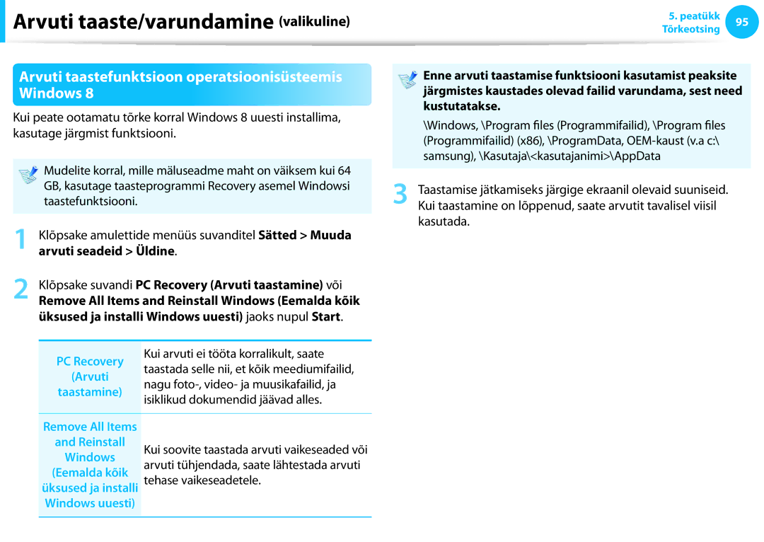 Samsung NP900X3E-A01EE manual Arvuti taastefunktsioon operatsioonisüsteemis Windows, Kui arvuti ei tööta korralikult, saate 