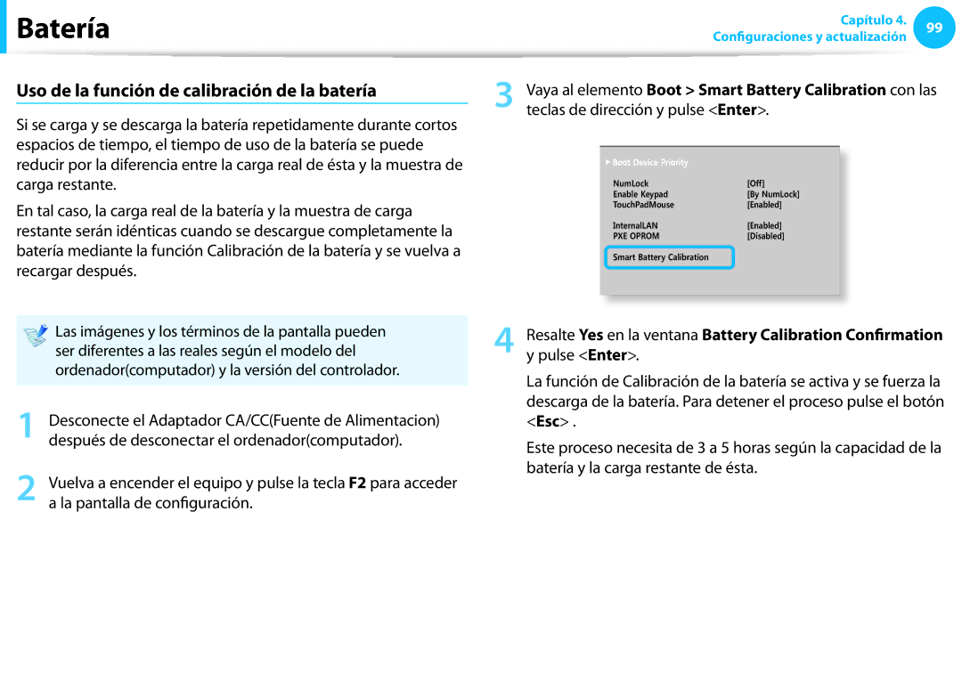 Samsung NP270E5E-K02ES, XE300TZC-K01PT Uso de la función de calibración de la batería, Teclas de dirección y pulse Enter 