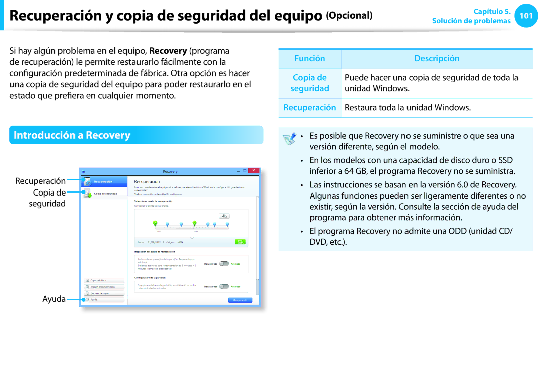 Samsung NP550P7C-T01ES Recuperación y copia de seguridad del equipo Opcional, Introducción a Recovery, Función Descripción 