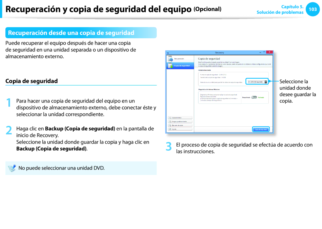 Samsung XE700T1C-H01ES, XE300TZC-K01PT manual Recuperación desde una copia de seguridad, Backup Copia de seguridad 