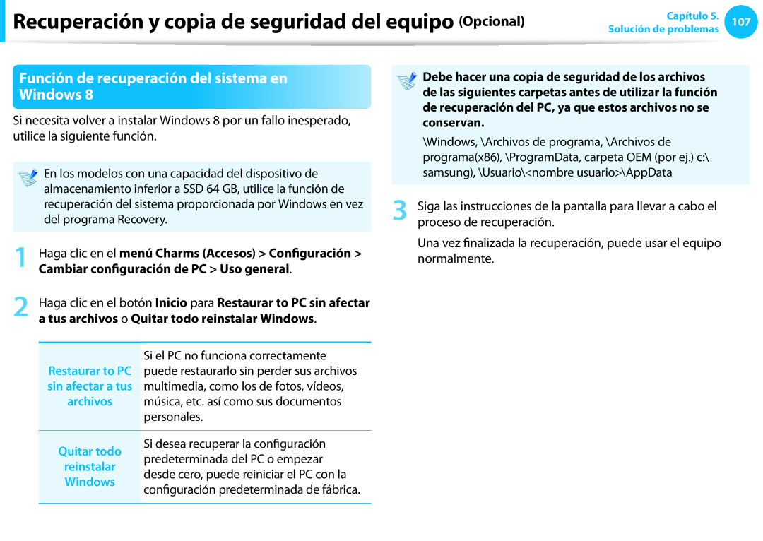 Samsung NP300E5A-S03ES, XE300TZC-K01PT manual Función de recuperación del sistema en, Windows, Archivos, Quitar todo 