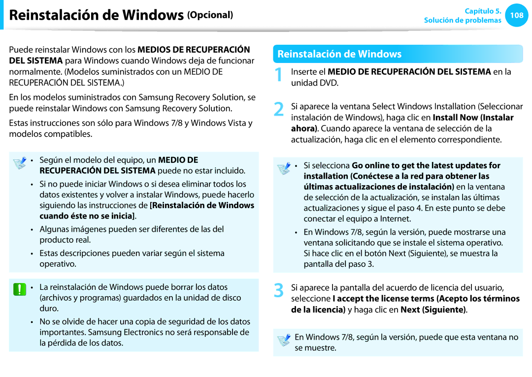 Samsung XE500T1C-A05ES, XE300TZC-K01PT, NP905S3G-K02PT, NP905S3G-K01AE, XE500T1C-A01AE manual Reinstalación de Windows Opcional 