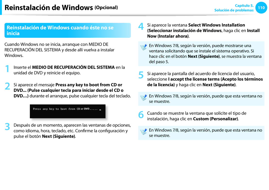 Samsung NP300E5C-U02ES manual Reinstalación de Windows cuando éste no se inicia, Unidad de DVD y reinicie el equipo 