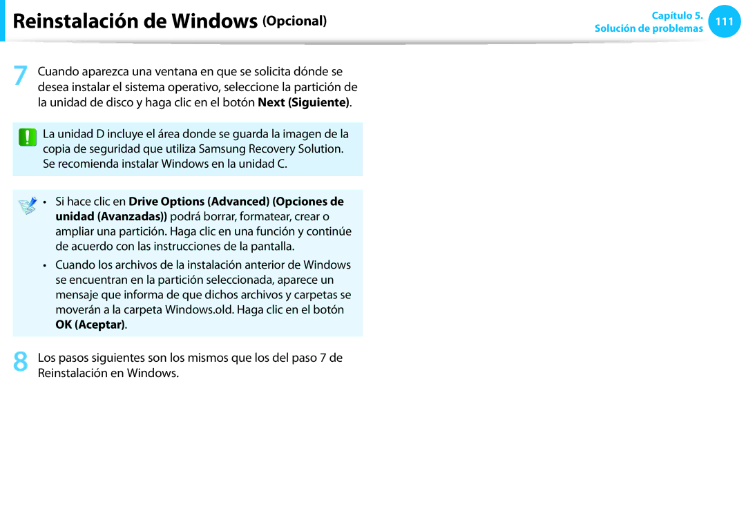 Samsung NP915S3G-K01ES manual De acuerdo con las instrucciones de la pantalla, OK Aceptar, Reinstalación en Windows 