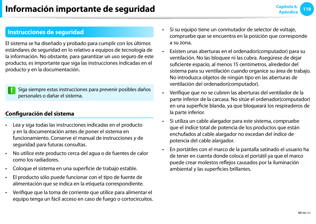 Samsung NP300E5A-S09ES, XE300TZC-K01PT, NP905S3G-K02PT, NP905S3G-K01AE Instrucciones de seguridad, Configuración del sistema 