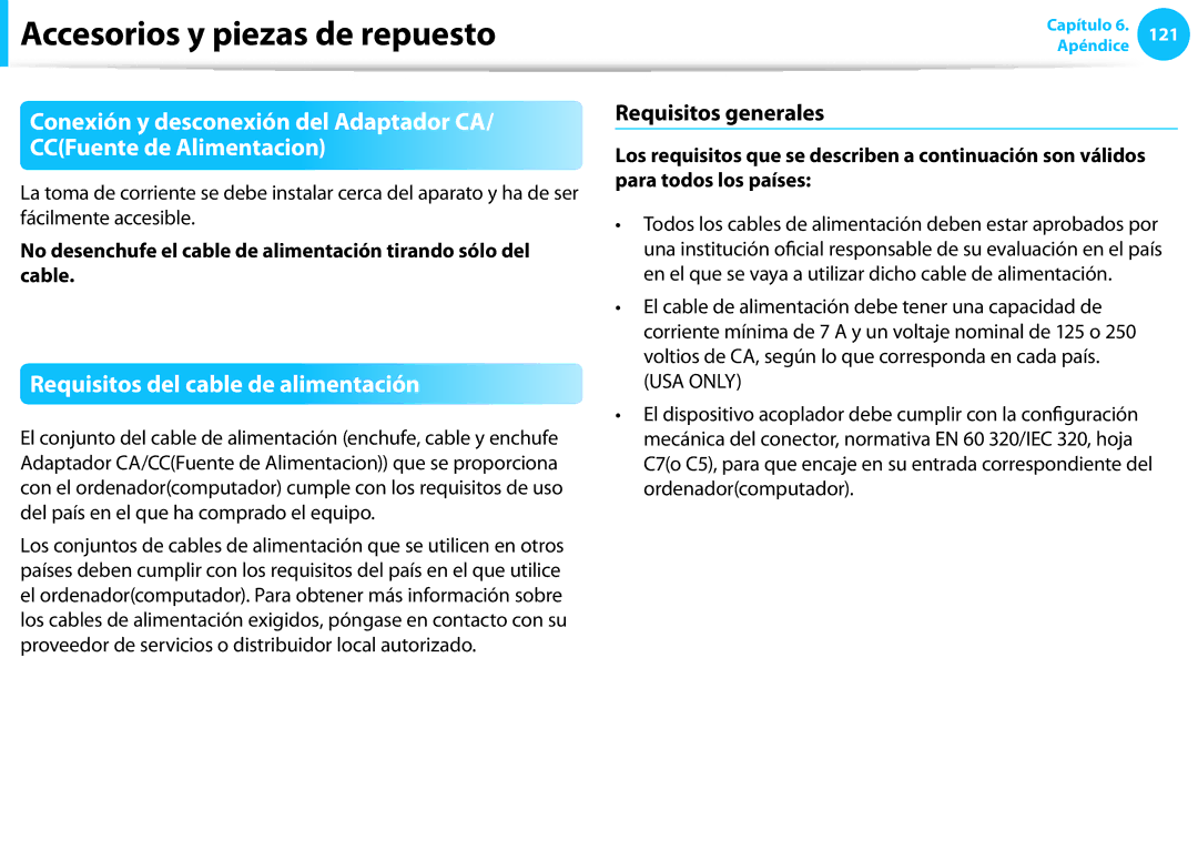 Samsung XE500T1C-H02ES, XE300TZC-K01PT, NP905S3G-K02PT manual Requisitos del cable de alimentación, Requisitos generales 