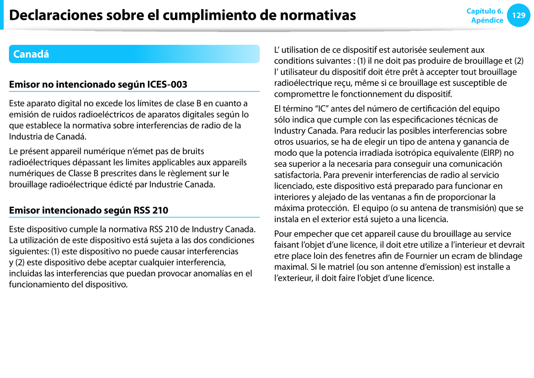 Samsung NP300E5A-S08ES, XE300TZC-K01PT manual Canadá, Emisor no intencionado según ICES-003, Emisor intencionado según RSS 