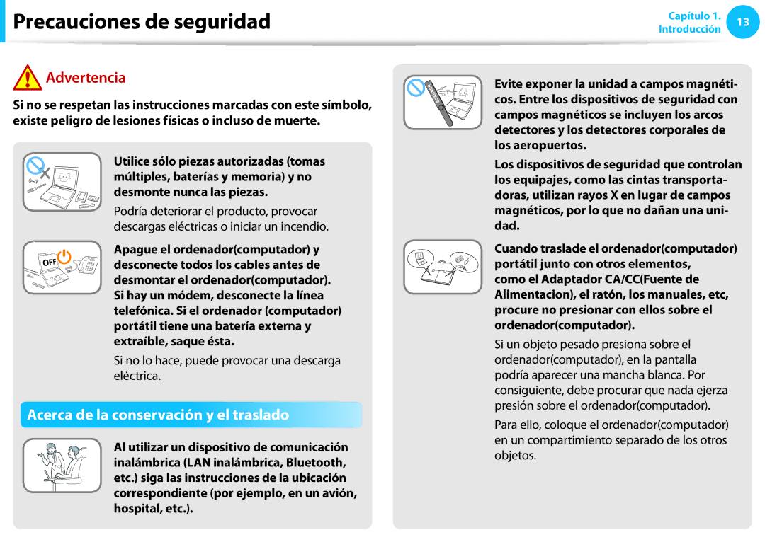 Samsung NP450R5E-X05ES manual Acerca de la conservación y el traslado, Si no lo hace, puede provocar una descarga eléctrica 