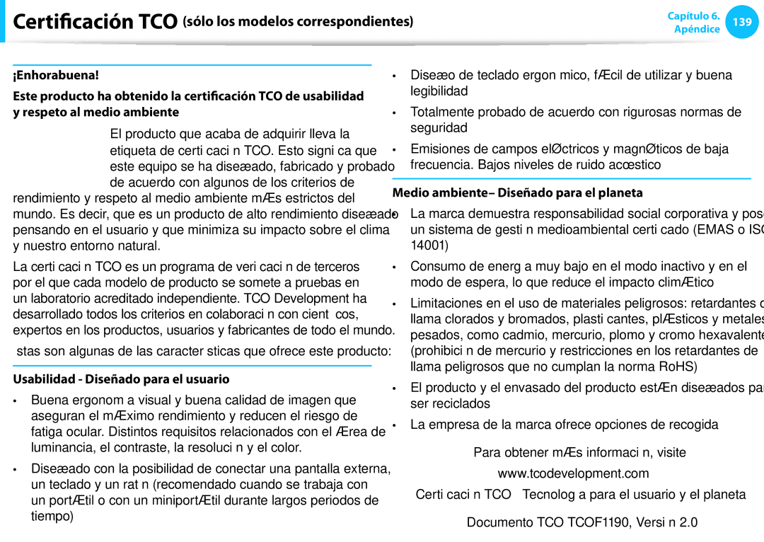 Samsung NP550P7C-T02ES manual Certificación TCO sólo los modelos correspondientes, Usabilidad Diseñado para el usuario 