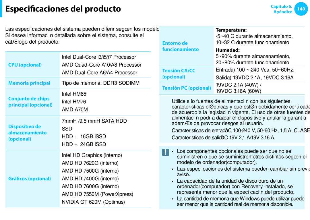 Samsung NP550P5C-T01ES, XE300TZC-K01PT, NP905S3G-K02PT, NP905S3G-K01AE, XE500T1C-A01AE manual Especificaciones del producto 