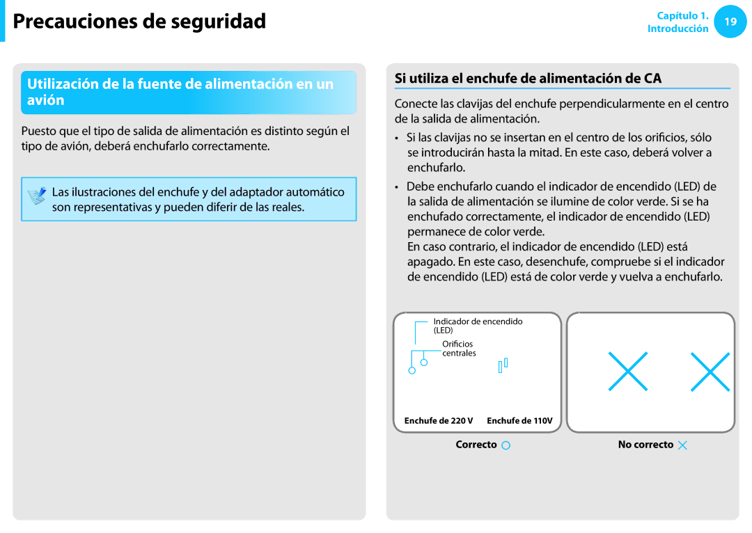 Samsung NP300E5A-S0FES Utilización de la fuente de alimentación en un avión, Si utiliza el enchufe de alimentación de CA 