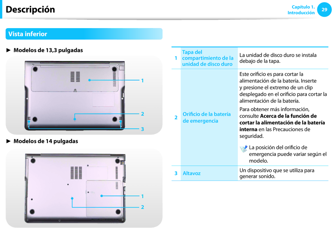 Samsung NP300E5A-S0CES, XE300TZC-K01PT manual Vista inferior, Tapa del, Orificio de la batería, De emergencia, Altavoz 