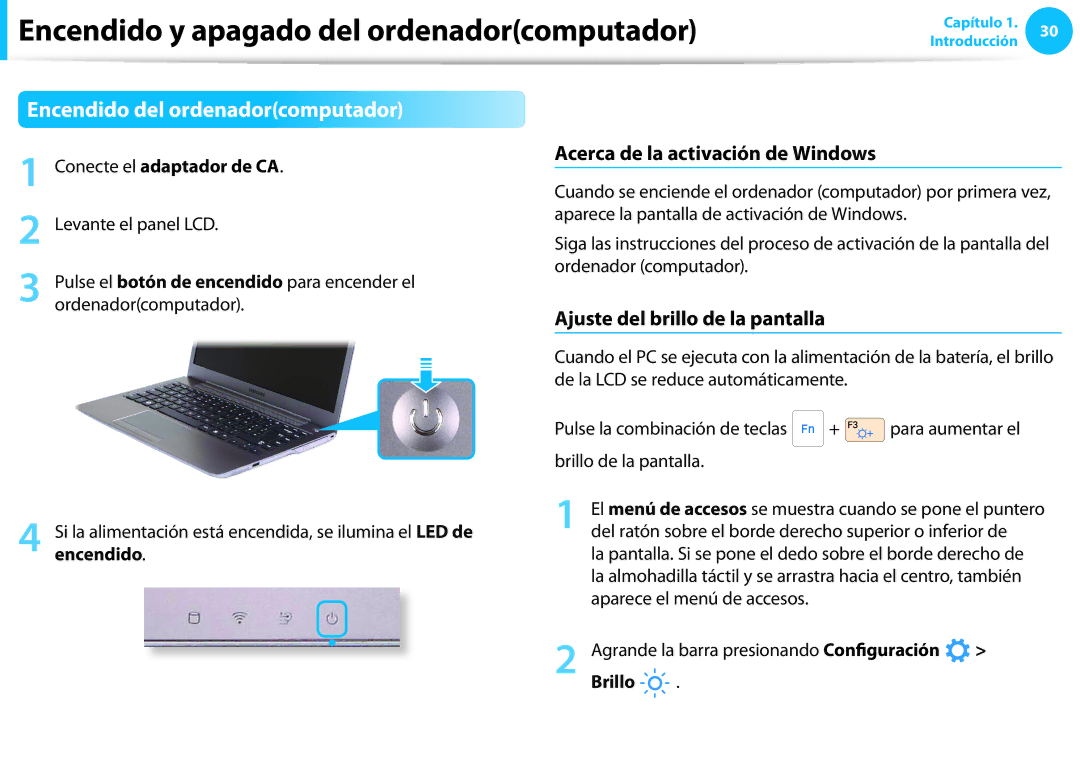 Samsung NP300E5A-S03ES, XE300TZC-K01PT manual Encendido y apagado del ordenadorcomputador, Encendido del ordenadorcomputador 