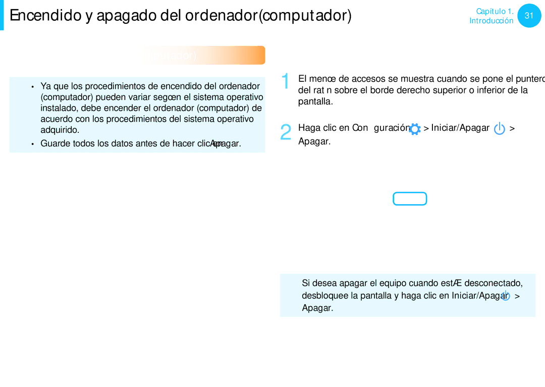 Samsung XE500T1C-A05ES, XE300TZC-K01PT Apagado del ordenadorcomputador, Pantalla Haga clic en Configuración Iniciar/Apagar 