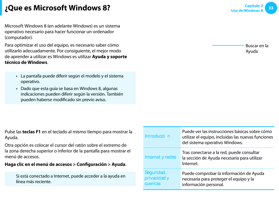 Samsung NP300E5C-U02ES, XE300TZC-K01PT, NP905S3G-K02PT ¿Que es Microsoft Windows 8?, Visualización de la Ayuda, Cuentas 