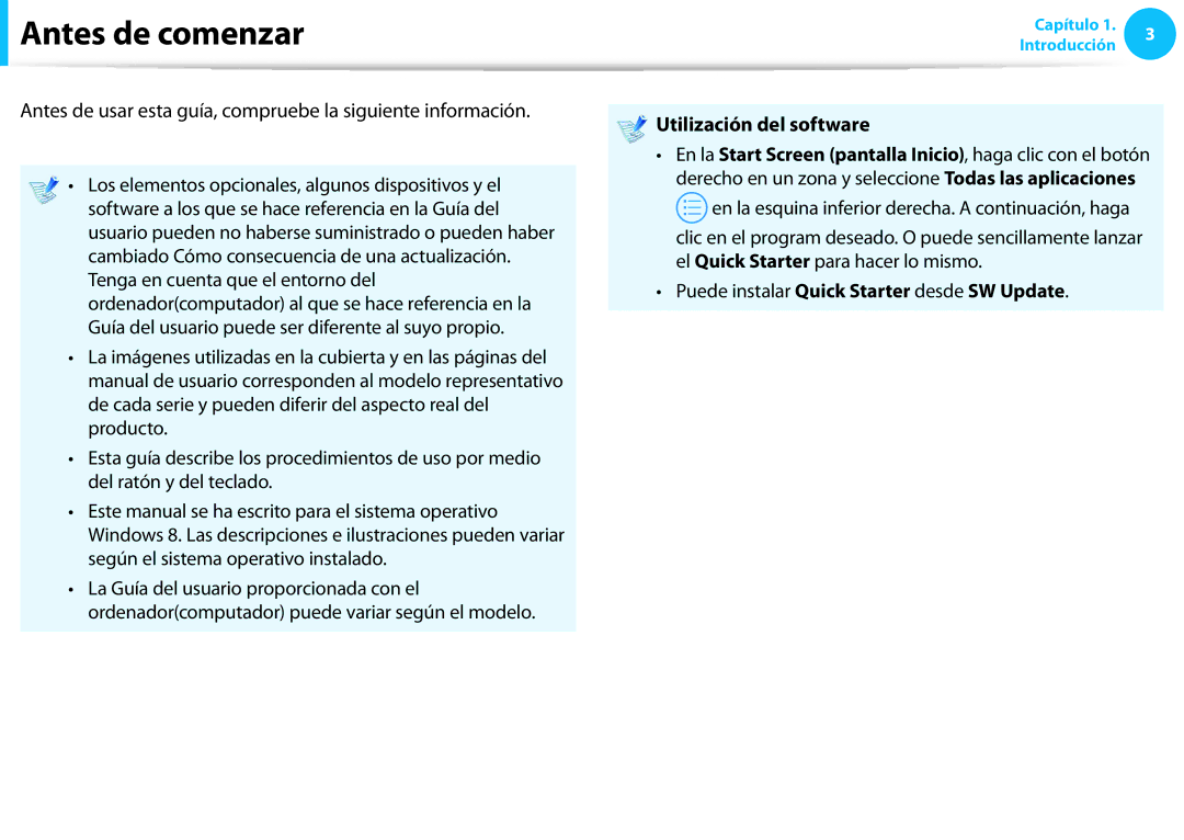 Samsung NP300E7A-S02ES, XE300TZC-K01PT manual Antes de comenzar, Antes de usar esta guía, compruebe la siguiente información 