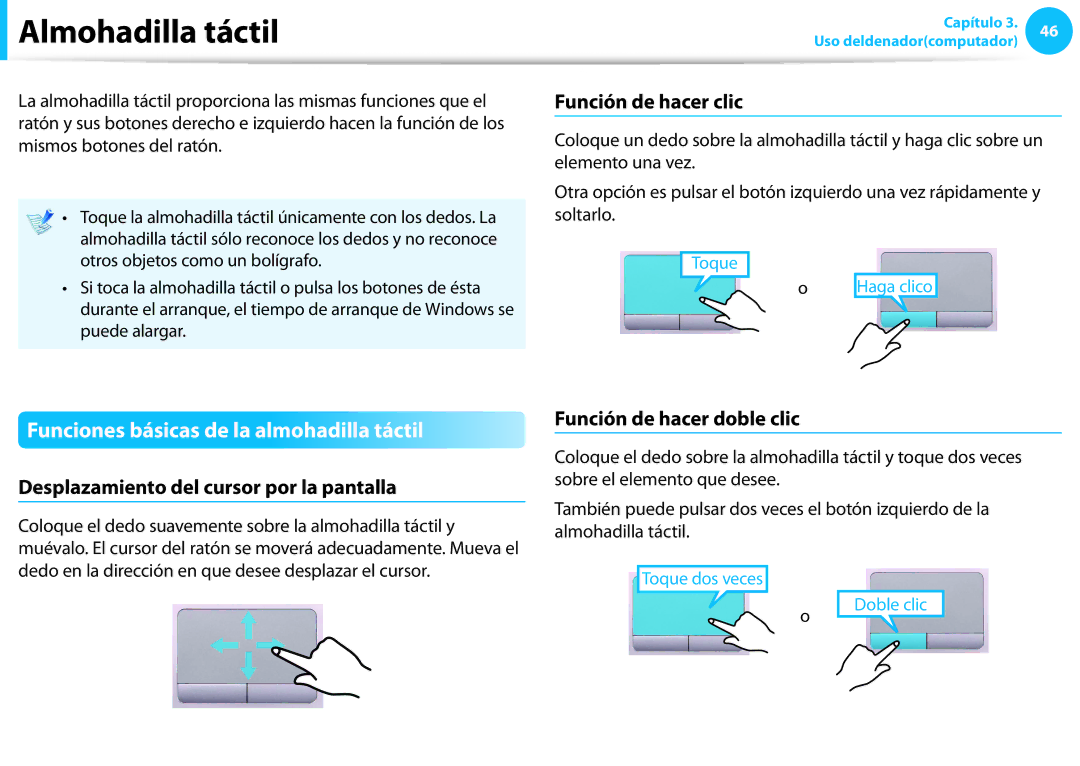 Samsung NP450R5E-X01ES manual Almohadilla táctil, Funciones básicas de la almohadilla táctil, Función de hacer clic 