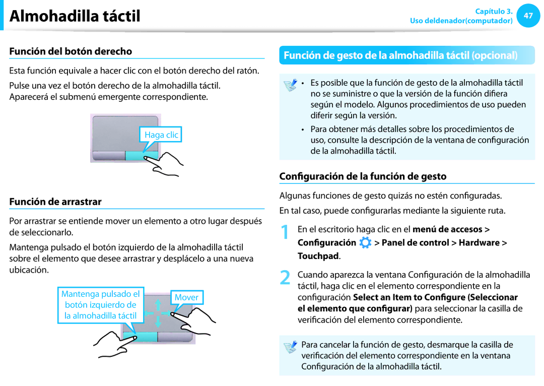 Samsung NP305E7A-S01ES Función del botón derecho, Función de arrastrar, Configuración de la función de gesto, Touchpad 